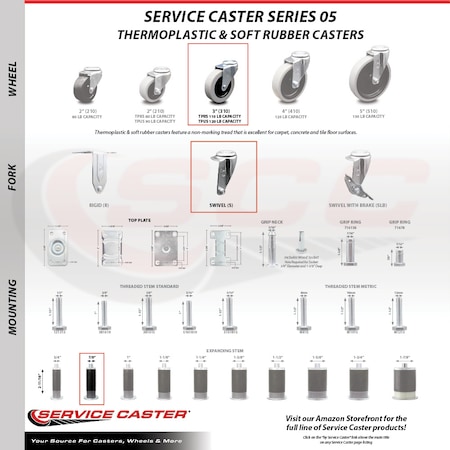 Service Caster 3 Inch Thermoplastic Rubber Wheel 7/8 Inch Expanding Stem Caster SCC, 4PK SCC-EX05S310-TPRS-78-4
